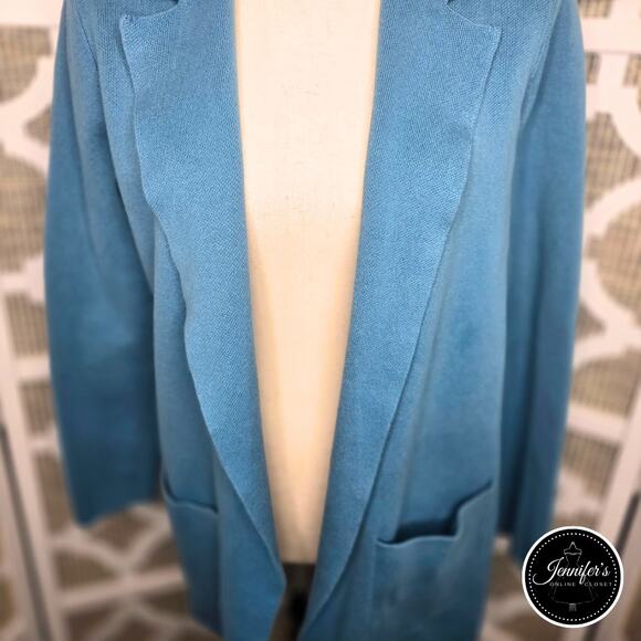 LOFT Blue Textured Collared Open Cardigan Jacket Size Medium - Picture 4 of 10